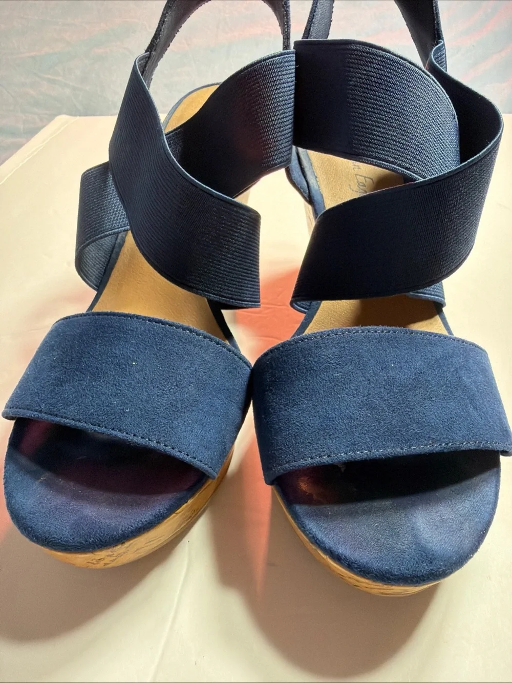 American Eagle Outfitters Navy Wedge Sandals with Elastic Crossover Straps